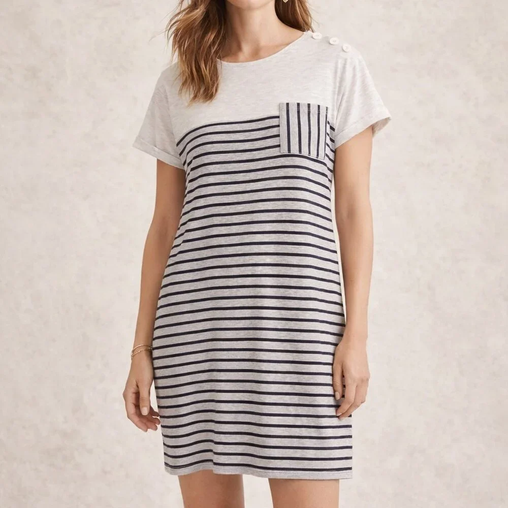 modcloth grey dress Doe & Rae Medium M ModCloth Gray‎ Cream Striped Pockets Mixed Media Knit  Dress